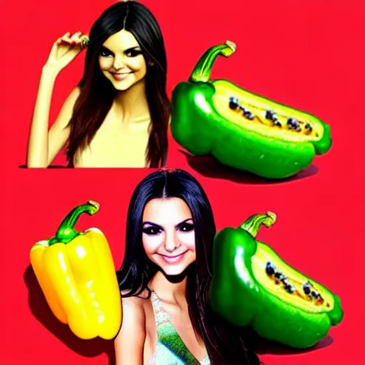 Image similar to victoria justice morphs into a bell pepper by 5 randomly selected famous illustrators. vastly enriched image quality. lucidly vivid. iridescentally detailed. extremely elegant and beautiful.