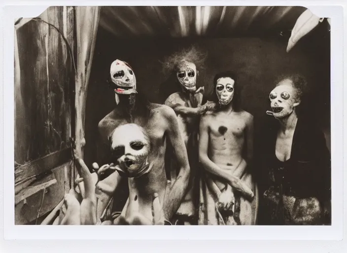 Image similar to polaroid still from an art house film by alejandro jodorowsky, roger ballen and maya deren : : surreal scene in a picturesque setting : : mirrors, masks, costumes : : close - up of the actors'faces : : cinemascope, technicolor, 4 k