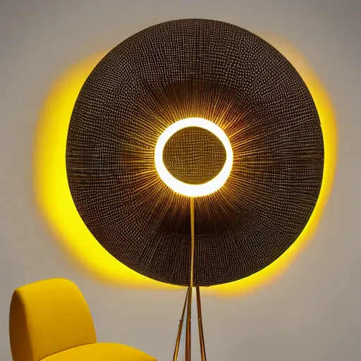 Prompt: floor standing lamp in the shape of a sun with yellow accents designed by salvador dally, advertising photography, luxury home design