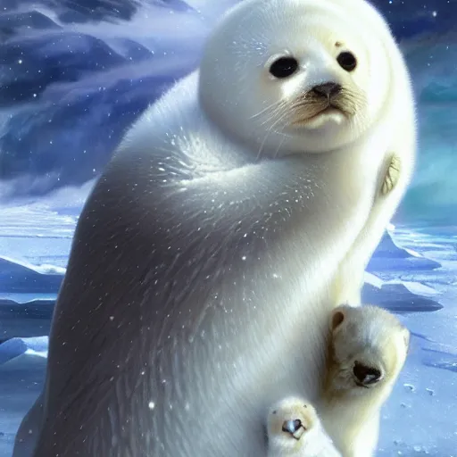 Image similar to portrait of omnipotent baby harp seal, ice and glaciers, arctic, fantasy, intricate, elegant, highly detailed, digital painting, smooth, sharp focus, illustration, art by artgerm and greg rutkowski and alphonse mucha