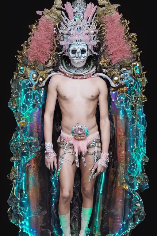 Image similar to photo of full-body rococo and cyberpunk delicate neon crystalline sculpture of ((handsome muscular onyx Aztec prince)) as an iridescent humanoid deity wearing ((peach plastic hooded cloak)) (holding an onyx skull) in a onyx aztec temple, reclining, glowing blue face, crown of (pink lasers), large blue diamonds, swirling black silk fabric. futuristic elements. oozing glowing liquid, full-length view. space robots. intricate artwork by caravaggio. Trending on artstation, octane render, cinematic lighting from the right, hyper realism, photorealistic, octane render, 8k, depth of field, 3D