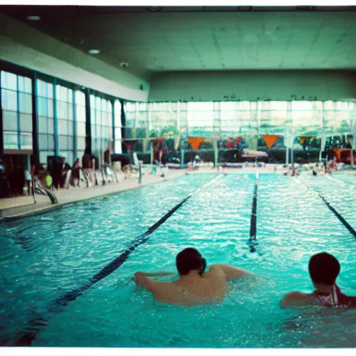 Prompt: an indoor swimming pool filled with people swimming, 35mm film