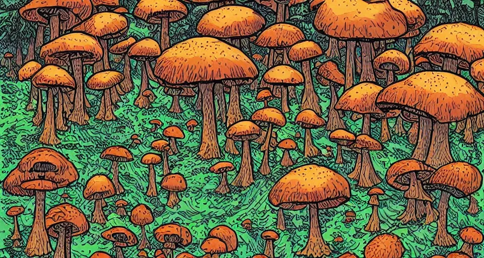 Image similar to A tribal village in a forest of giant mushrooms, by Dan mumford,