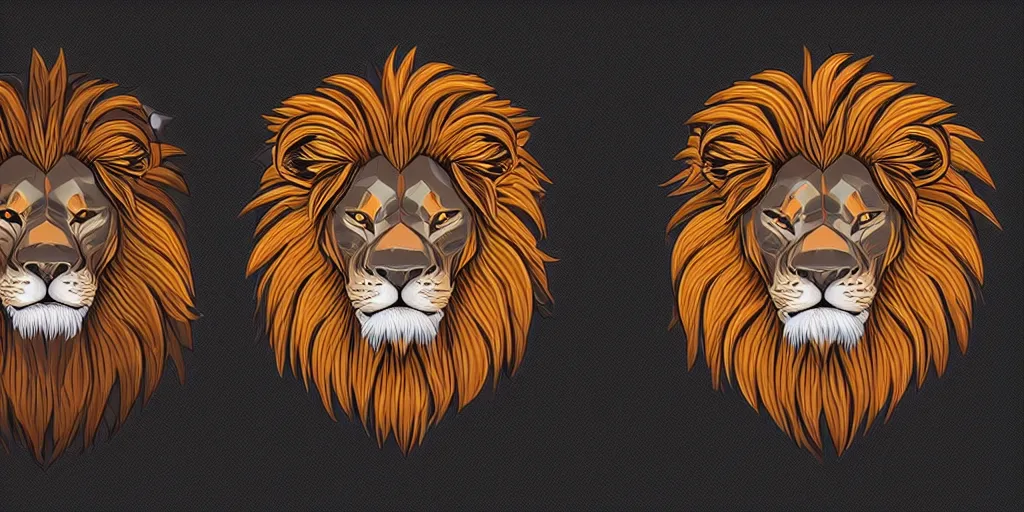 Prompt: game asset of unique lion heads on black background, organic, print color palette, smooth vector lines, toon shading, 5 colors, solid colors, flat 2 d design, 2 d sprites, 8 k, close up