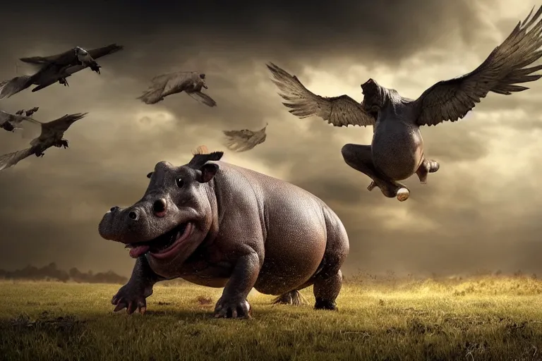 Prompt: hippo with eagle wings fighting zombies, cinematic, dramatic lighting