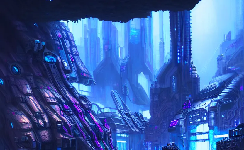 Image similar to cyberpunk factory in a dark cave, blue crystals, hyper detailed, realistic, intricate, concept art by frank hong, mate painting, artstation
