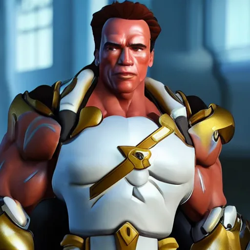 Image similar to a screenshot of arnold schwarzenegger as mercy in overwatch, full body shot