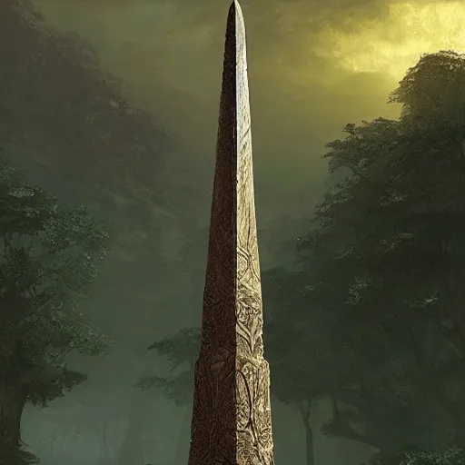 Prompt: giant stone obelisk, intricate detailed glowing engravings, D&D, Magic The Gathering, by Craig Mullins, ornate, amazonian forest, volumetric lighting