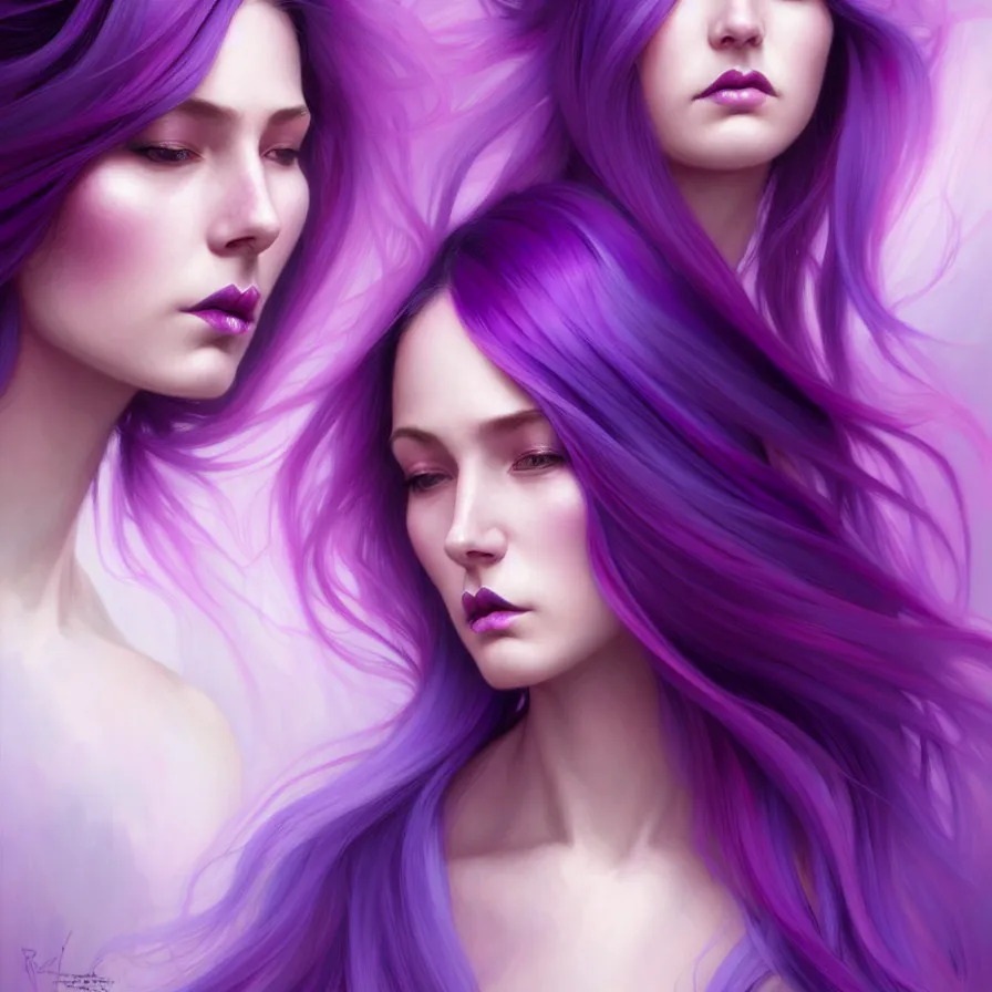 Image similar to Purple hair relistic Portrait of a two woman with bright colored flying hair, all shades of purple. Beauty face, Hair coloring, fantasy, intricate, elegant, highly detailed, digital painting, artstation, concept art, smooth, sharp focus, illustration, art by artgerm and greg rutkowski and alphonse mucha