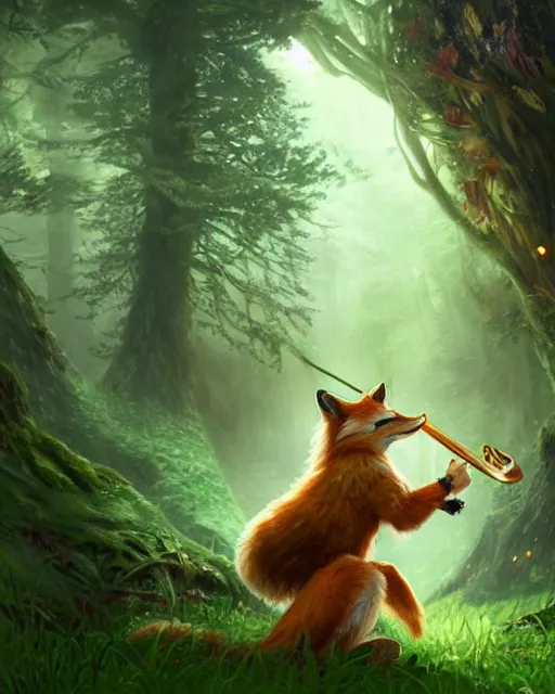 Image similar to Fox, Anthropomorphized, playing harp in magical green forest, D&D, fantasy, cinematic lighting, centered, symmetrical, highly detailed, digital painting, artstation, concept art, smooth, sharp focus, illustration, magic the gathering artwork, volumetric lighting, epic Composition, 8k, art by Akihiko Yoshida and Greg Rutkowski and Craig Mullins, heroic pose, oil painting, cgsociety