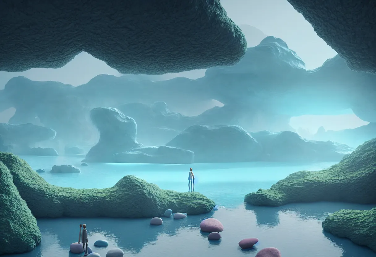 Prompt: inside of alien lush lake landscape of human mind and imagination, big rocks and pebbles in pastel light blue colors, matte painting, beautiful render, octane render, concept art