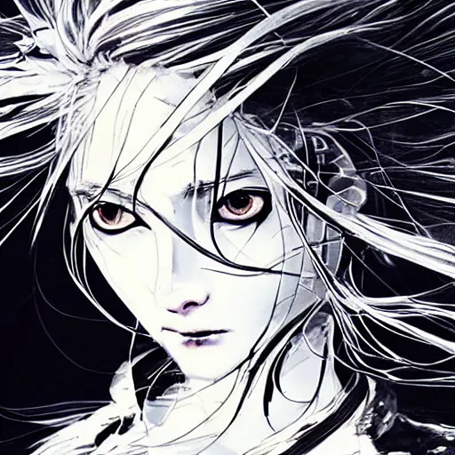 Image similar to yoji shinkawa blurred and dreamy illustration of an anime girl with wavy white hair and cracks on her face wearing elden ring armour with the cape fluttering in the wind, abstract black and white patterns on the background, noisy film grain effect, highly detailed, renaissance oil painting, weird portrait angle