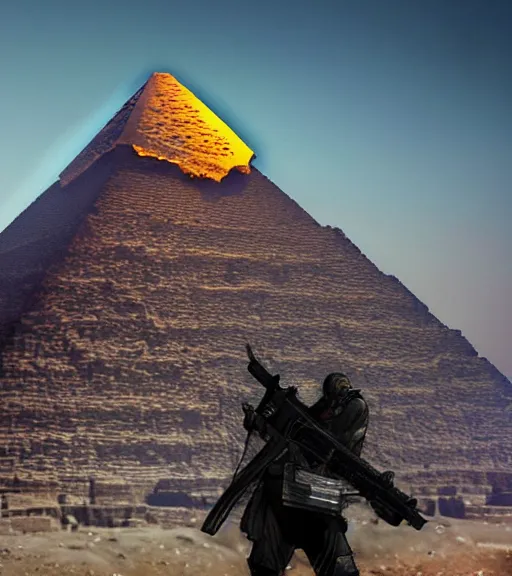 Image similar to a beefy man with a machine gun, egyptian pyramid in the background, 4 k, sharp focus, real life photo, highly detailed, cinematic, photorealistic, cyberpunk
