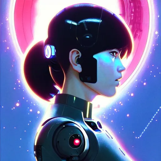 Image similar to side portrait scifi cyborg girl with robotic parts and spacesuit | | head only in center of image, audrey plaza, fine detail!! anime!! realistic shaded lighting!! poster by ilya kuvshinov katsuhiro otomo ghost - in - the - shell, magali villeneuve, artgerm, jeremy lipkin and michael garmash and rob rey