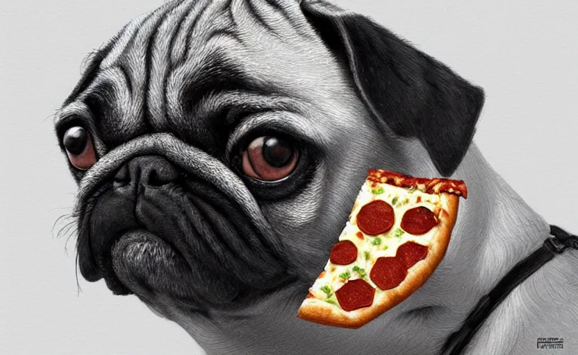 Prompt: a pug dog eating a pizza, soft grey and blue natural light, intricate, digital painting, artstation, concept art, smooth, sharp focus, illustration, symmetry!