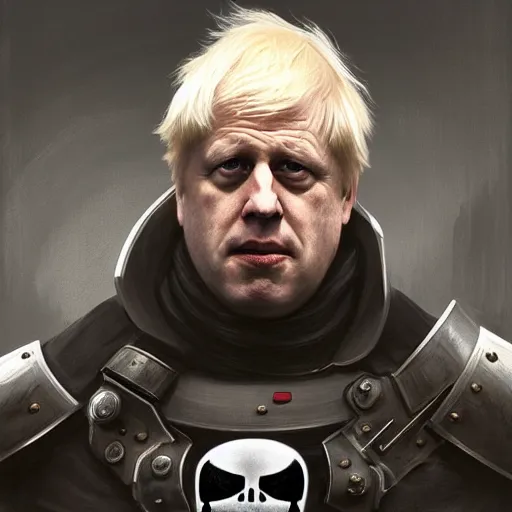 Image similar to Boris Johnson as Punisher, armor plate, realistic portrait, symmetrical, highly detailed, digital painting, artstation, concept art, smooth, sharp focus, illustration, cinematic lighting, art by artgerm and greg rutkowski and alphonse mucha