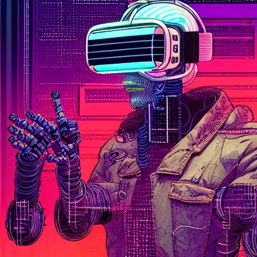 Image similar to a portrait of a cybernetic man wearing virtual reality headset, smoking a cigarette, wires, cyberpunk concept art by josan gonzales and philippe druillet and dan mumford and enki bilal and jean claude meziere