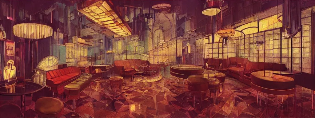 Image similar to concept art, retro - futurist speakeasy, reflections, night lighting, designer furniture, high ceiling, 6 0 s colour palette, plants, flowers, floor lamps, multi - level, soft lighting, city view, bladerunner, james jean, syd mead, akihiko yoshida, cinematic