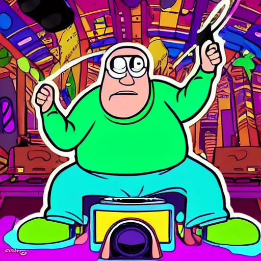 Image similar to svg sticker of a Family-Guy Peter-Griffin at a rave, spinning records, giant headphones rocking out, wearing headphones, huge speakers, dancing, rave, DJ, spinning records, digital art, amazing composition, rule-of-thirds, award-winning, trending on artstation, featured on deviantart