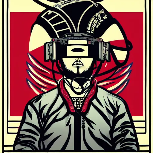 Image similar to !dream Illustrated by Shepard Fairey and H.R. Geiger | Cyberpunk Soviet Samurai with VR helmet, surrounded by cables