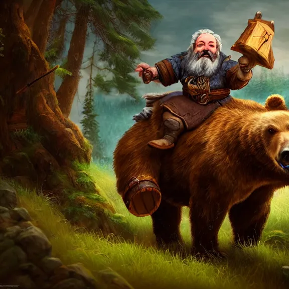 Prompt: Drunk Dwarf Woodsman riding Bear Companion into a Tavern, RPG Portrait Full Body, Oil Painting, Trending on Artstation, octane render, Insanely Detailed, 8k, HD