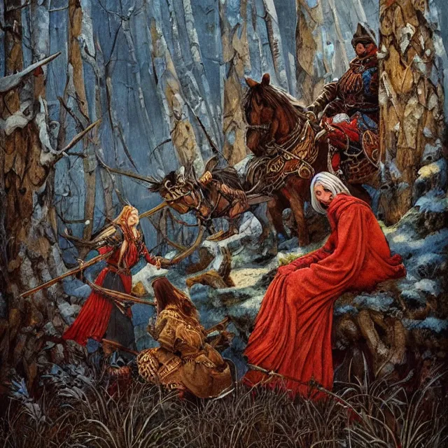 Image similar to russian folk fairytale, story, fable, dramatic, fantasy art, an ultrafine detailed painting, academic art, ornate, inticate, elegant, sharp focus, artstation, by pavel korin, viktor vasnetsov