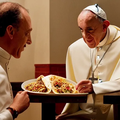 Image similar to young pope francis eating a burrito with john malkovich,