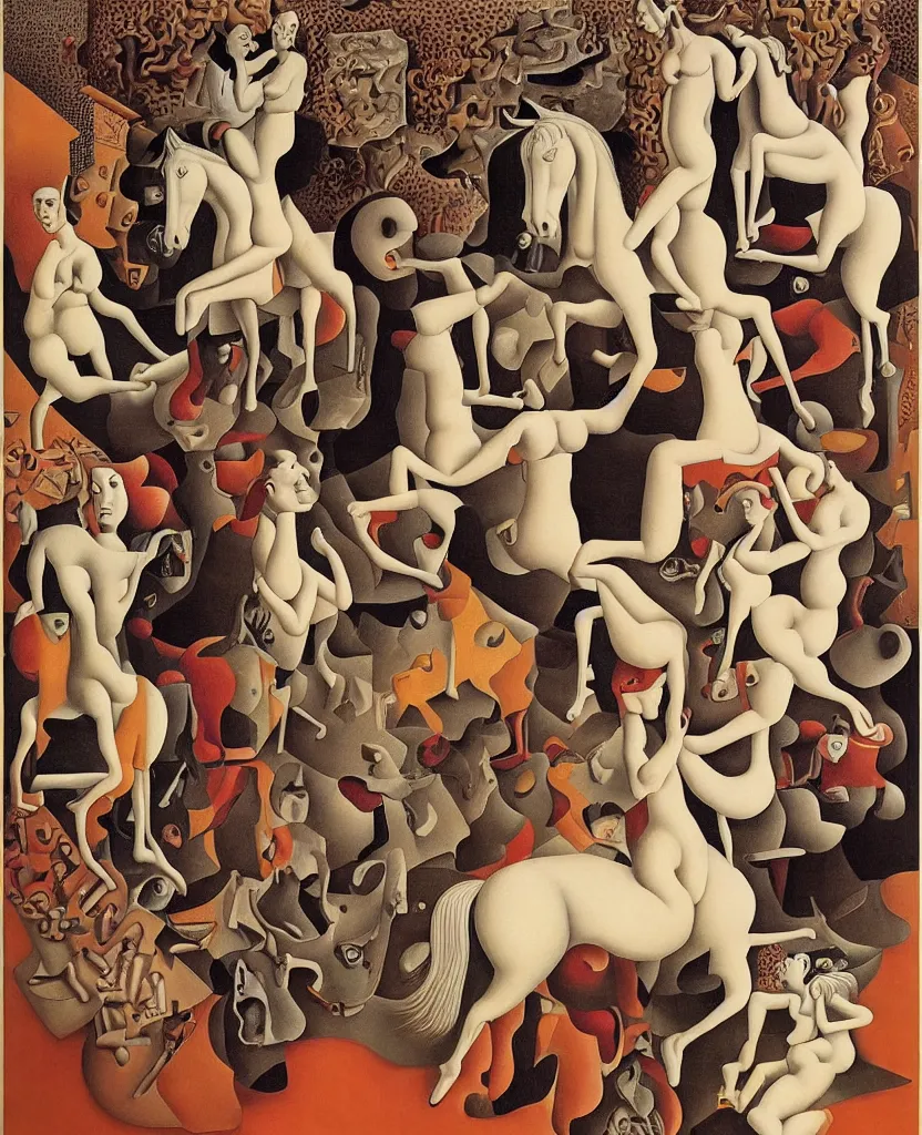 Prompt: the three fates and their horses | pain, pleasure, suffering, adventure, love, life, afterlife, souls in joy and agony disaster, | Japanese pop-surrealism | miracle, love | abstract oil painting, gouche on paper by MC Escher and Salvador Dali on LSD |