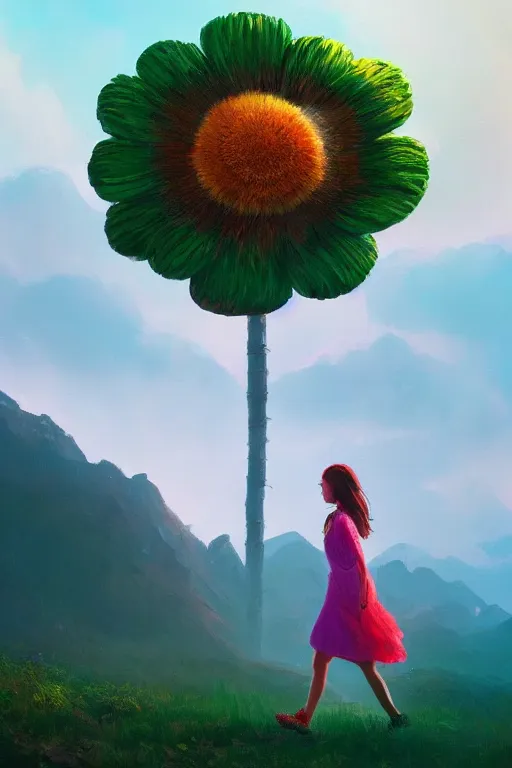 Image similar to giant daisy flower head, girl walking in the mountains, surreal photography, sunrise, dramatic light, impressionist painting, colorful clouds, digital painting, artstation, simon stalenhag