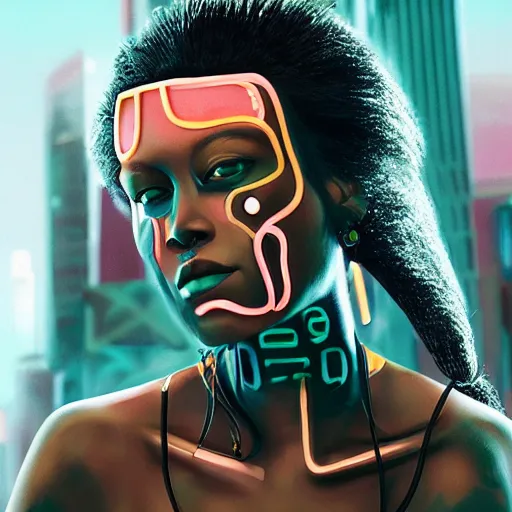 Prompt: a woman with a painted face and body, cyberpunk art by bruce onobrakpeya, featured on cg society, afrofuturism, reimagined by industrial light and magic, behance hd, movie still