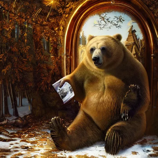 Prompt: grizzly bear in a metallic puffy jacket, parallel realities, renaissance painting, 3 d render, by michael kutsche and tim burton