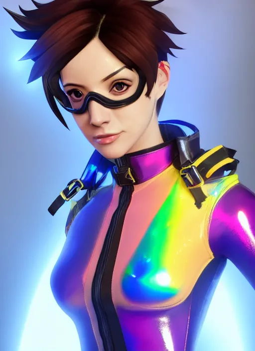 Image similar to portrait bust digital artwork of tracer overwatch, wearing iridescent rainbow latex and leather straps catsuit outfit, 4 k, expressive happy smug expression, makeup, in style of mark arian, angel wings, wearing detailed leather collar, chains, black leather harness, detailed face and eyes,