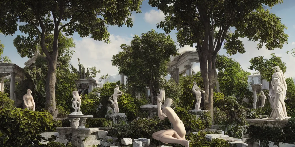 Image similar to Garden Utopia, surrealism, outside, Greek marble statues, earthly pleasures, intricate artwork by caravaggio. Trending on artstation, octane render, cinematic lighting from the right, hyper realism, octane render, 8k, depth of field, 3D