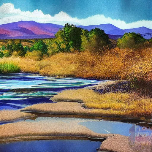 Prompt: last drop of the last river evaporating in slow motion, blue sunny sky, saturated colors, hyper detailed photorealistic