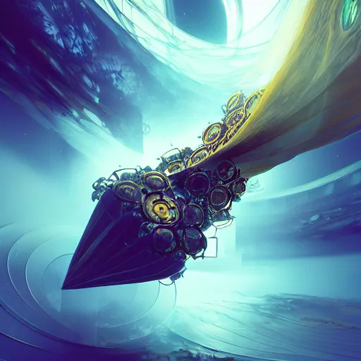 Image similar to within a flower the whole and finite capsule apparent with awe the apparition, an idea seep's into infinity highly detailed in volumetric latent space, golden turquoise steampunk, high contrast cinematic light, mystical shadows, sharp focus, divine realm of gods, octane render, artist by greg rutkowski,