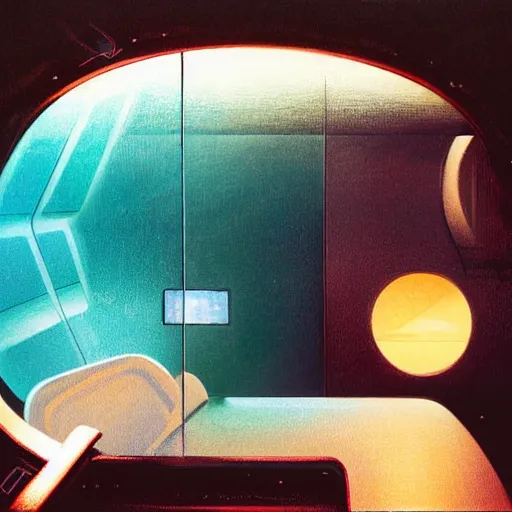 Image similar to Cozy interior of a spaceship, teal lighting, cozy lighting, space seen outside from a window, by Syd Mead, John Harris, Federico Pelat