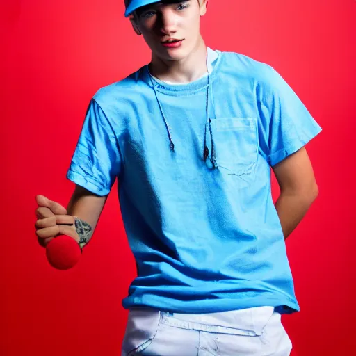 Image similar to a portrait of an american teenage boy with cyan colored hair, wearing a red backwards cap with a blue brim, white t - shirt with a red no symbol on it, blue long pants and red shoes, holding a microphone, studio lighting, photoshoot, grey backdrop