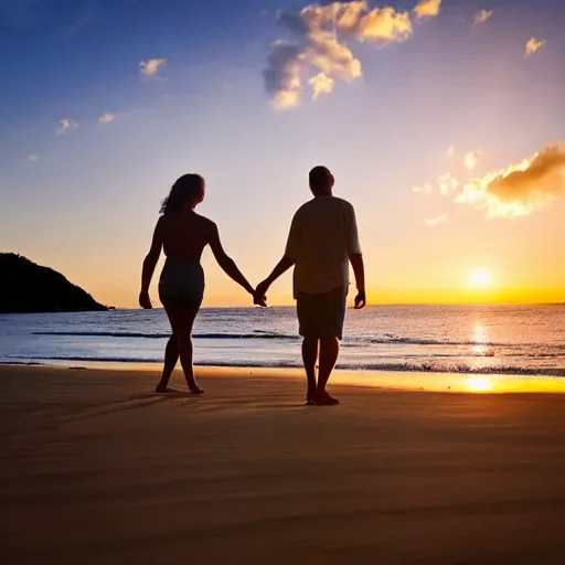 Image similar to Couple walking down a secluded beach during the golden hour quietly contemplating the newfound beauty discovered inside the other person while growing ever more deeply in trust and love between each other.