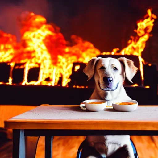 Image similar to a photograph of an humanlike relaxed dog in his house, sitting at a table, ☕ on the table, surrounded by flames, room is on fire, smoke under the ceiling