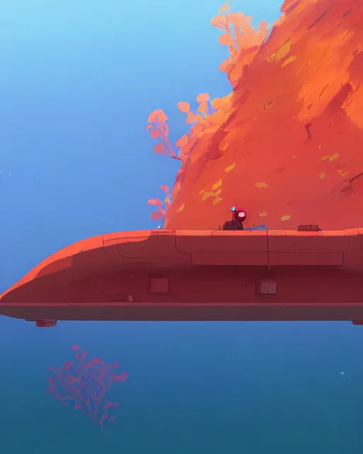 Image similar to a submarine made of red stone, deep water, glowing seaweeds, cory loftis, james gilleard, atey ghailan, makoto shinkai, goro fujita, studio ghibli, rim light, exquisite lighting, clear focus, very coherent, plain background, soft painting