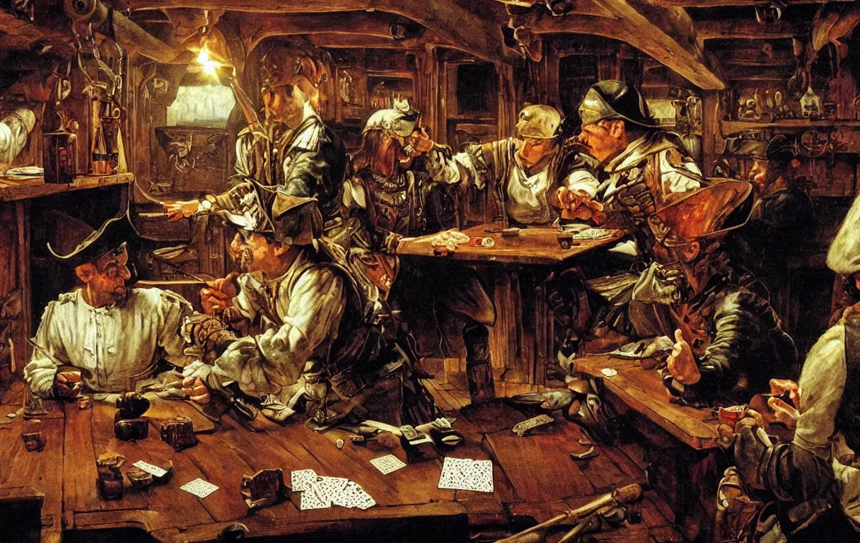 Image similar to a painting of two pirates playing cards in a cabin of a 16th century galley, dark cinematic lighting, by Norman Rockwell