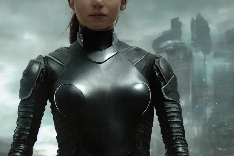 Image similar to VFX movie closeup portrait of a futuristic hero woman in black spandex armor in future city, hero pose, beautiful skin, night lighting by Emmanuel Lubezki