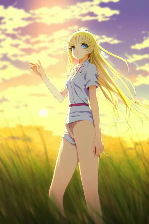 Prompt: anime art, anime key visual of elegant young female, long blonde hair and large eyes, finely detailed perfect face, standing in the grass at sunset, golden hour sunset lighting, background blur bokeh!!, trending on pixiv fanbox, studio ghibli, extremely high quality artwork,