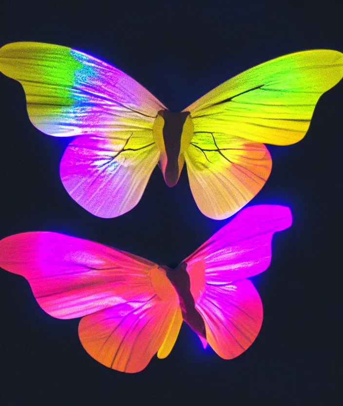 Prompt: multicolored luminous butterfly at night