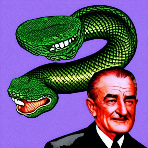 Image similar to Lyndon B Johnson riding a jumbo snake, digital art