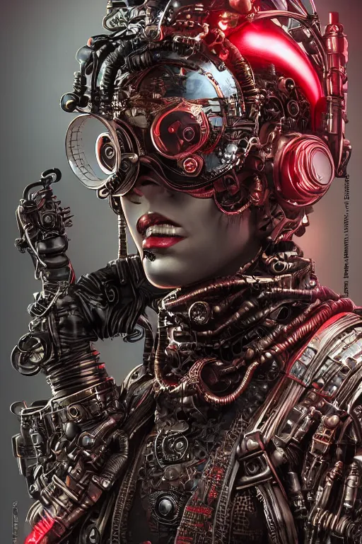 Prompt: Portrait of a cyberpunk steampunk dieselpunk sci-fi cyborg ninja, third person, D&D, sci-fi fantasy, pistons and bolts, intricate, black and red, highly detailed, art by Range Murata, highly detailed, 3d, octane render, bright colors, digital painting, trending on artstation, sharp focus, illustration style of Stanley Artgerm, highly detailed background in a cinematic style