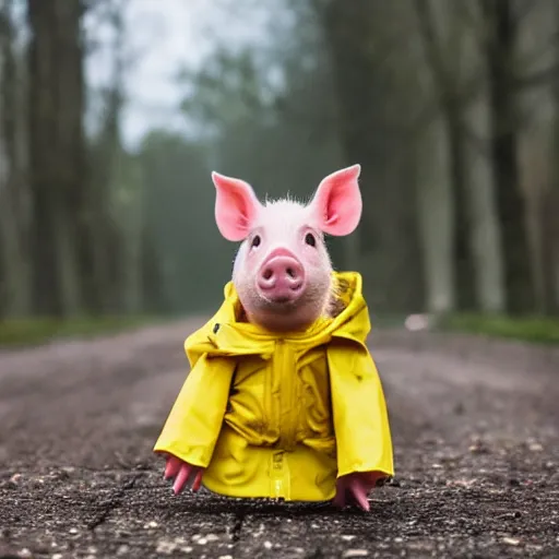 Image similar to photograph of a cute pig walking upright wearing a yellow raincoat