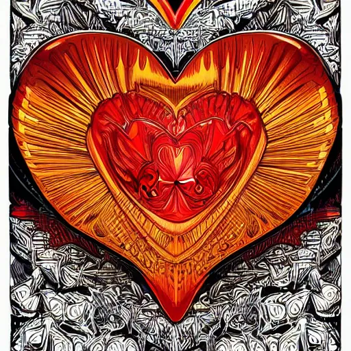 Prompt: a chrome carved heart, intricate artwork, red, orange, yellow colors, graphic style of Patrick Gleason very coherent symmetrical artwork,