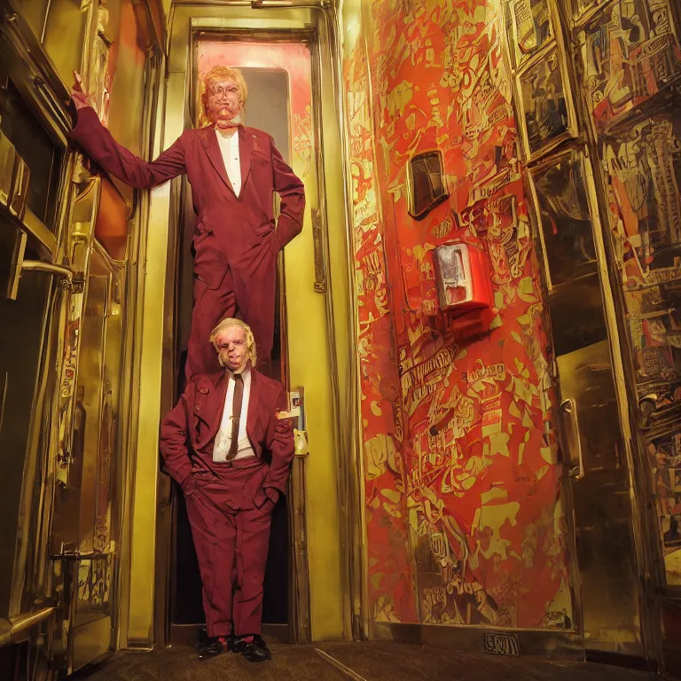 Prompt: professional octane render portrait by wayne barlow and carlo crivelli and glenn fabry, a sinister man in a bright colorful saturated wes anderson elevator operator costume inside a dark and moody vintage elevator in a high - end exotic vintage boutique hotel, very short depth of field, bokeh