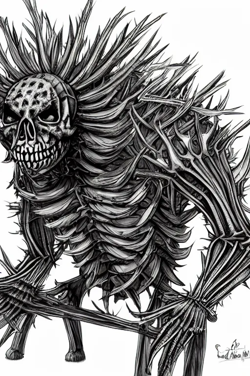 Image similar to a thistle skeleton hybrid monster, highly detailed, digital art, sharp focus, trending on art station, artichoke, anime art style